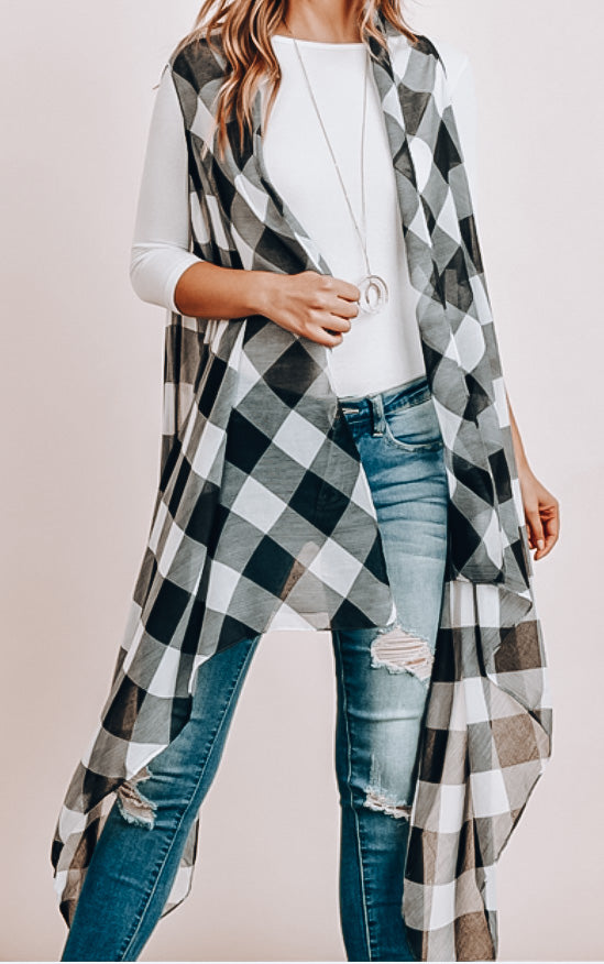 One Size - Black Plaid Knee Length Cardigan