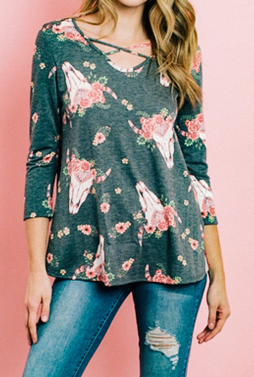 Charcoal Floral Print Top