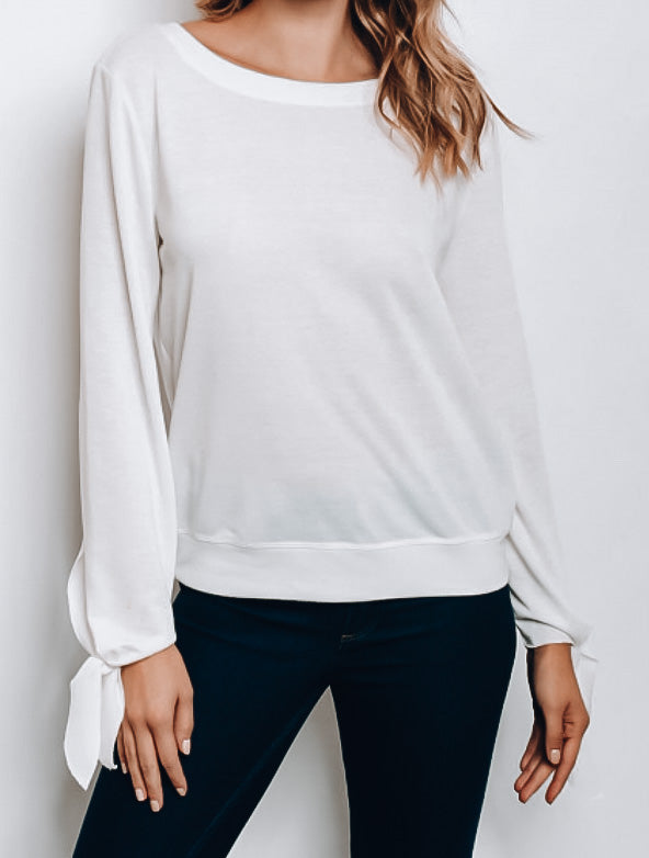 White Top with Sleeve Ribbon Details