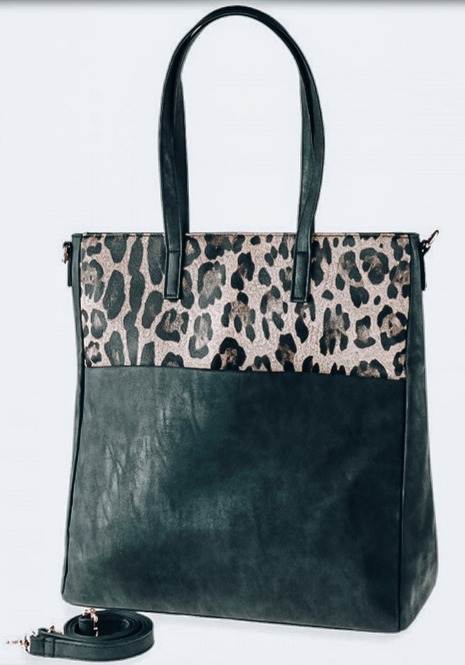 Black Leopard Print Faux Leather Tote