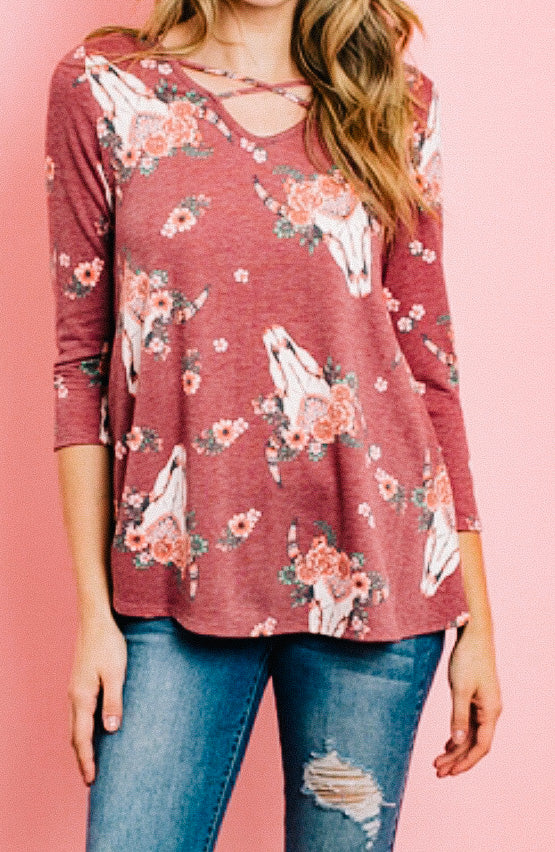 Burgundy Floral Print Top