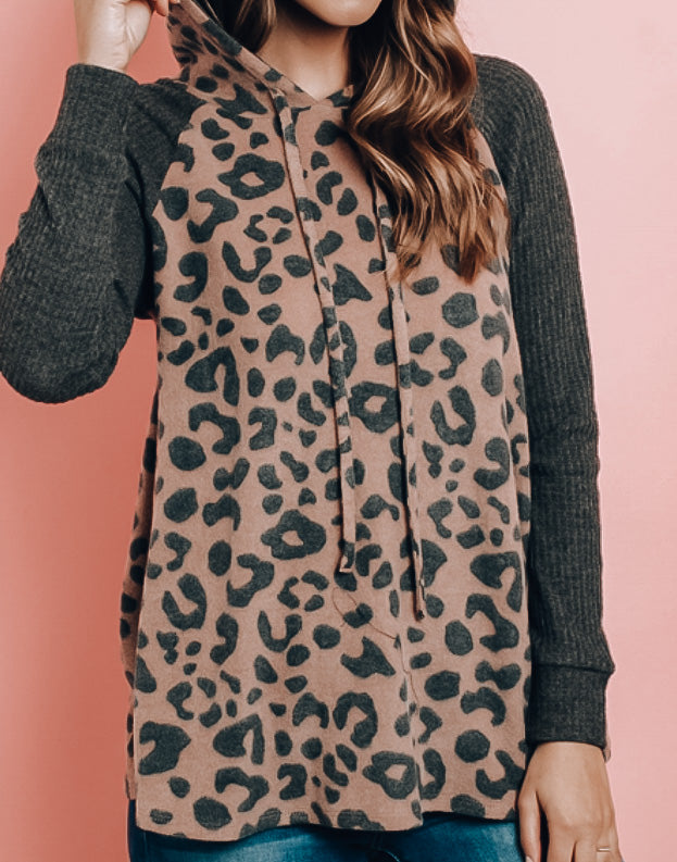 Brown Leopard Print Hooded Drawstring Top