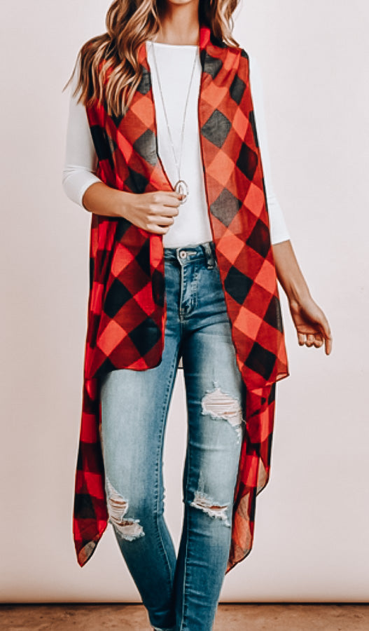 One Size - Red Plaid Knee Length Cardigan