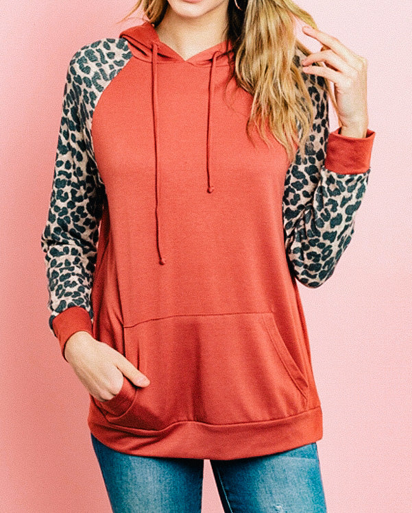 Leopard Print Contrast Hooded Top