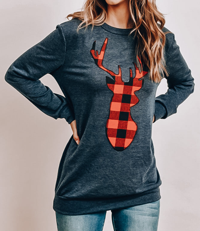 Navy Plaid Reindeer Print Top