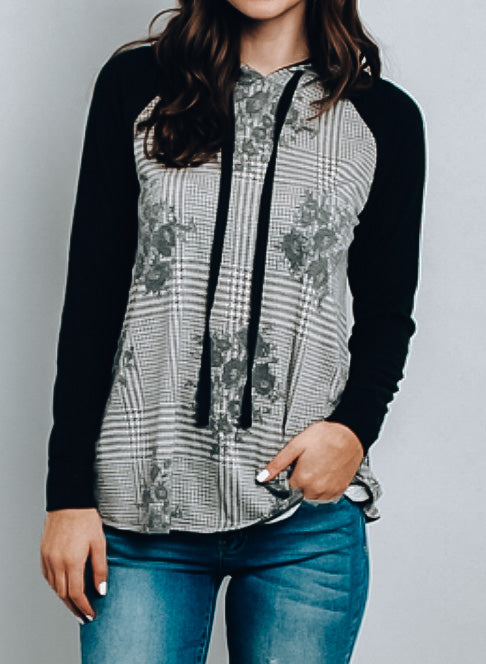 Hooded Black Geo Print Top