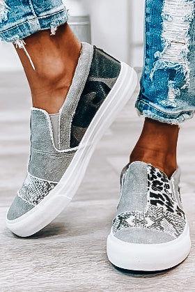 Gray Mixed Print Slip-On Shoes