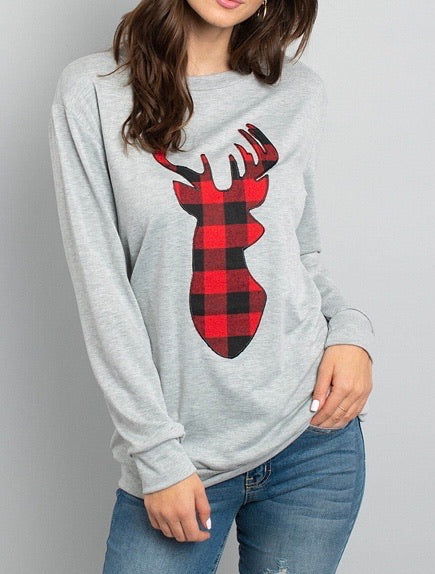 Gray Plaid Reindeer Print Top