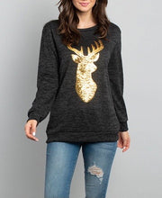 Load image into Gallery viewer, Charcoal and Gold Sequin Reindeer Top
