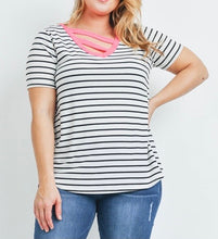 Load image into Gallery viewer, White Black Stripe Top with Pink V-Neck
