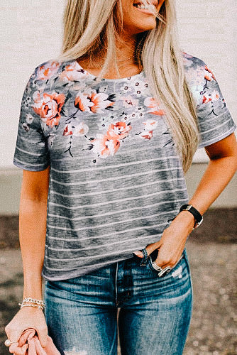 Gray Floral Striped Tee