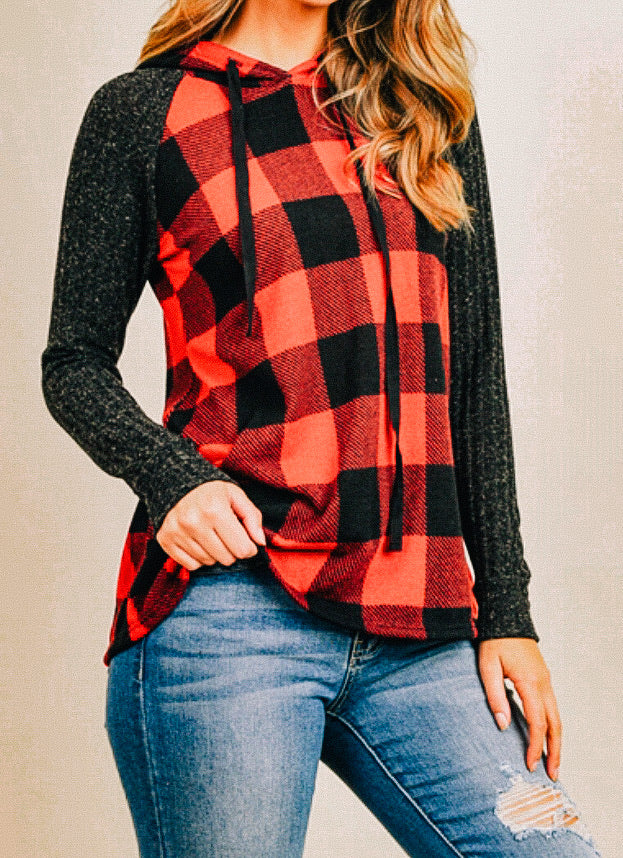 Buffalo Plaid Hooded Drawstring Top