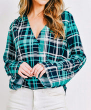 Load image into Gallery viewer, Teal and Navy Blue Plaid Top
