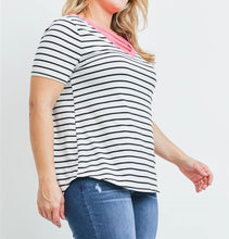 Load image into Gallery viewer, White Black Stripe Top with Pink V-Neck
