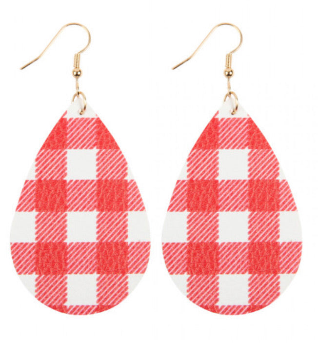 Red Plaid Leather Teardrop Earrings