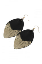 Load image into Gallery viewer, Black and Gold Leather Leaf Tassel Earrings
