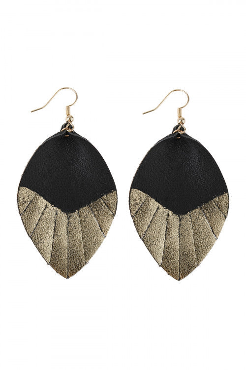 Black and Gold Leather Leaf Tassel Earrings