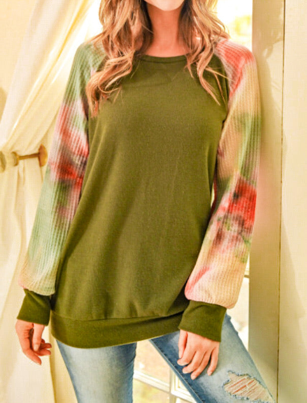 Tie Dye Waffle Sleeve Olive Top