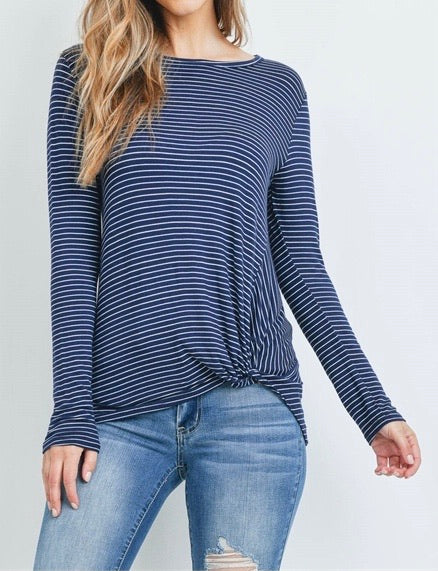 Navy Blue Striped Twist Hem Top