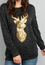 Load image into Gallery viewer, Charcoal and Gold Sequin Reindeer Top
