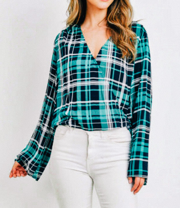 Teal and Navy Blue Plaid Top