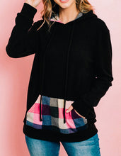 Load image into Gallery viewer, Black Hoodie with Plaid Front Pocket
