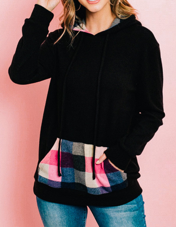 Black Hoodie with Plaid Front Pocket