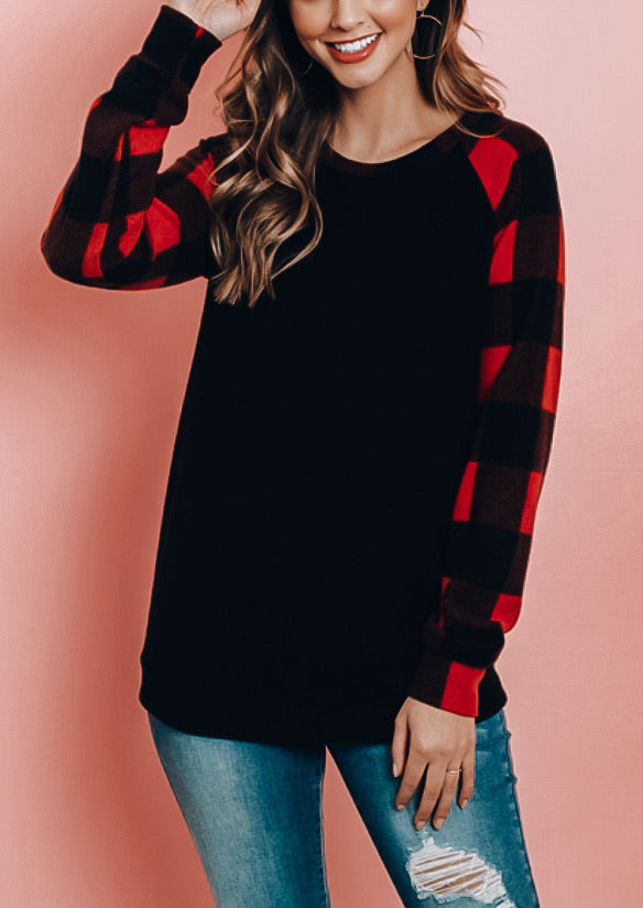 Black and Red Plaid Contrast Top