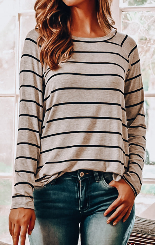 Gray and Black Striped Round Hem Top