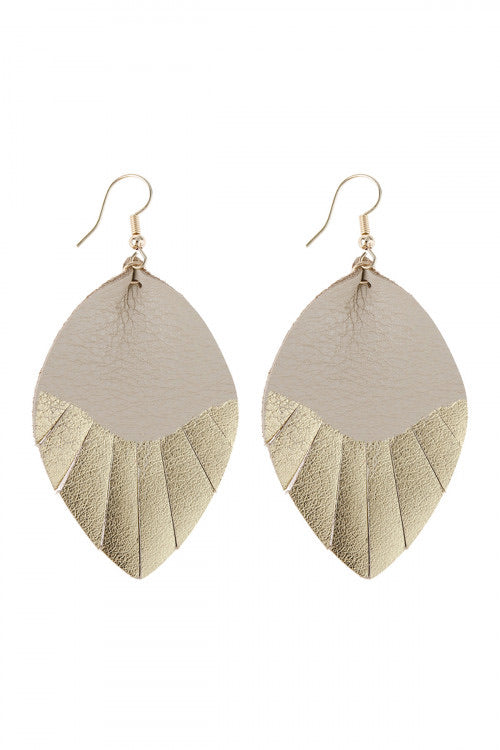 Natural Beige and Gold Leather Leaf Tassel Earrings