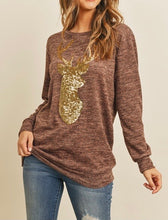 Load image into Gallery viewer, Mocha and Gold Sequin Reindeer Top
