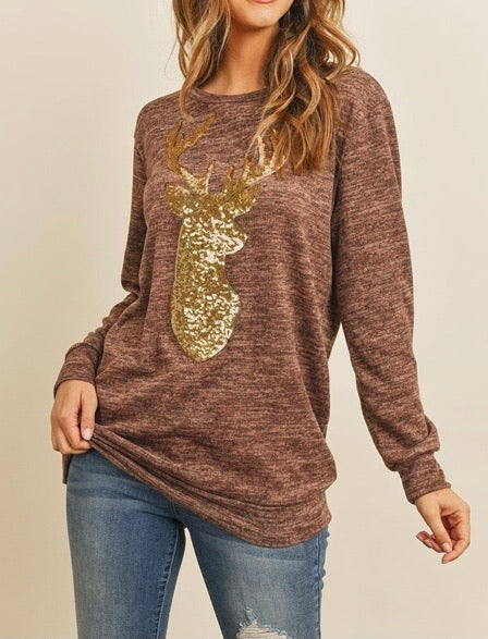 Mocha and Gold Sequin Reindeer Top