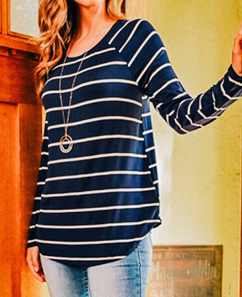 Navy Blue and White Striped Round Hem Top