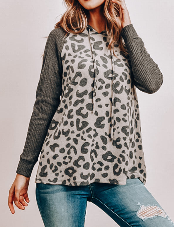 Gray Leopard Print Hooded Drawstring Top