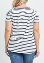 Load image into Gallery viewer, White Black Stripe Top with Pink V-Neck
