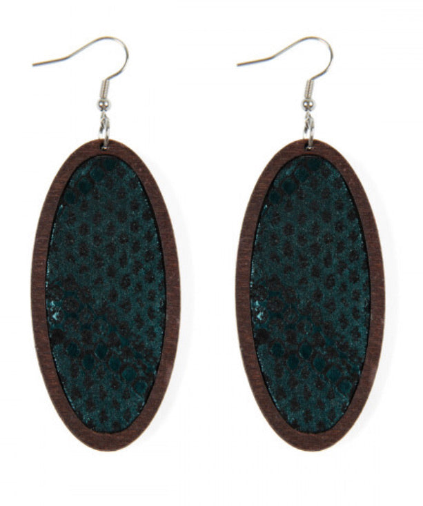 Snake Skin with Wood Edge Oval Earrings